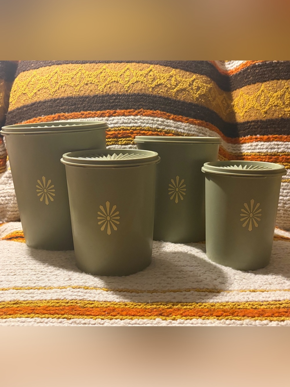Vintage Tupperware Servalier 4 Pc Canister Full Set Avocado Green Sunburst 70s